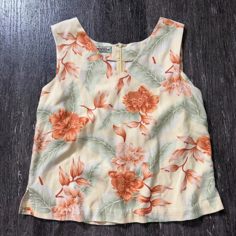 Vintage Tommy Bahama Tank Top Women M Yellow Silk Tropical Floral Sleeveless
